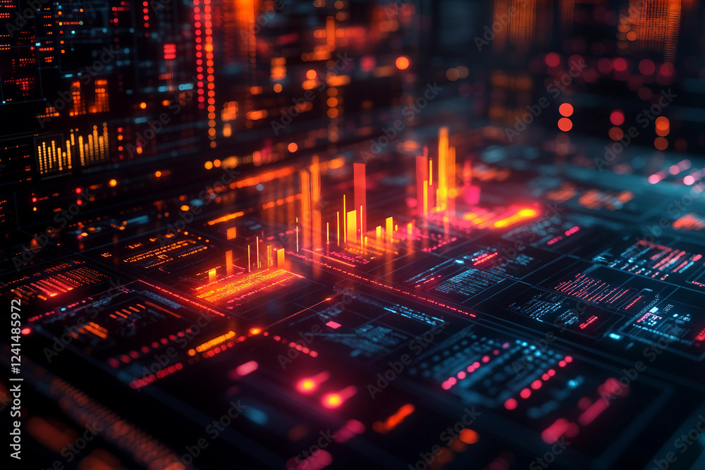 A futuristic cityscape featuring holographic graphs and charts generated with AI A futuristic cityscape featuring holographic graphs and charts generated with AI