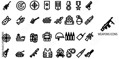 Weapon simple concept 28 icons set. Contains such vehicles, air forces, soldier, bomb, artillery, gun. Vector illustration.