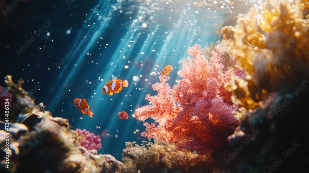 Fototapeta premium Colorful Coral Reef Underwater Scene with Clownfish Swimming Gracefully