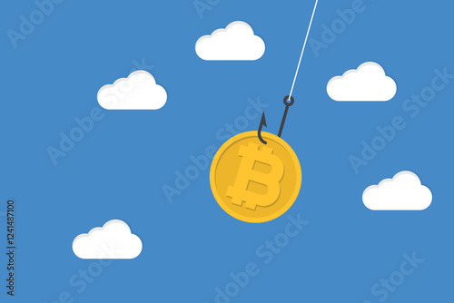 Bitcoin cryptocurrency scam or fraud. A bitcoin with fishing hook. Online digital currency risk	