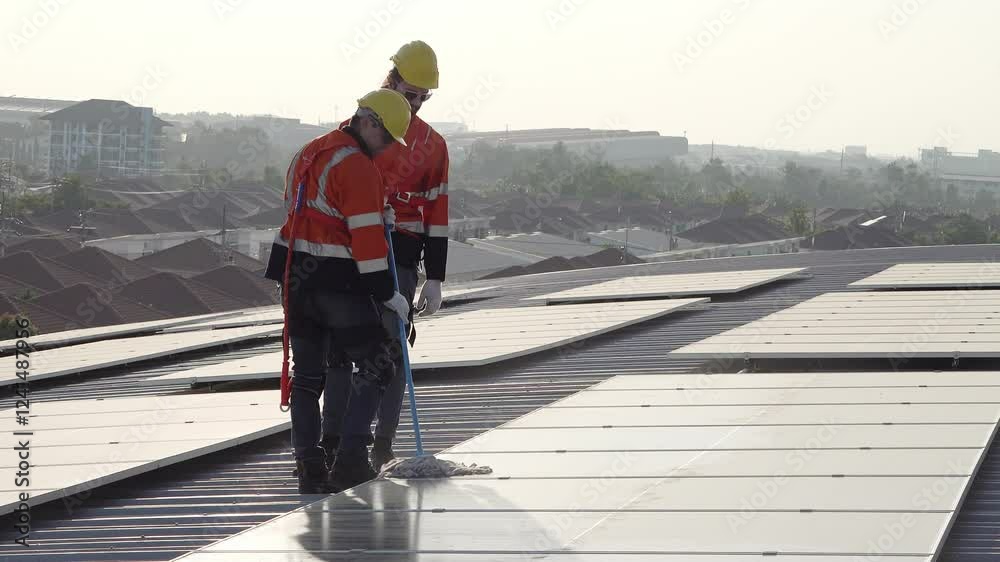 Workers perform maintenance on solar panels at a rooftop installation site during the afternoon, workers dressed in bright safety gear inspect and maintain solar panels on a rooftop. The clear sky Workers perform maintenance on solar panels at a rooftop installation site during the afternoon, workers dressed in bright safety gear inspect and maintain solar panels on a rooftop. The clear sky