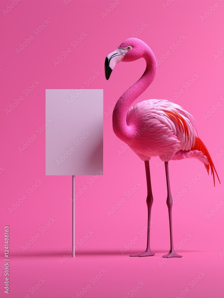Fototapeta premium A vibrant pink flamingo stands beside a blank sign against a bright pink background, perfect for creative projects.