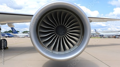 Detailed view of a large aircraft jet engine with visible turbine blades. Parked airplanes and a clear blue sky form the backdrop, highlighting aviation technology and engineering