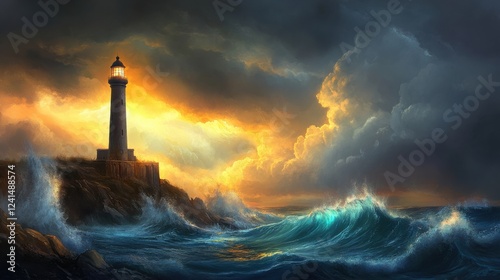 Dramatic Lighthouse Scene Amidst Stormy Waves and Moody Sky