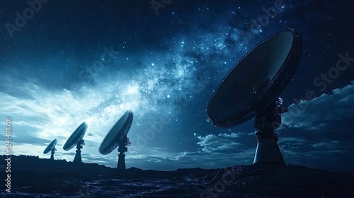 Array of large radio telescopes pointing towards a starry night sky, capturing cosmic signals. The milky way galaxy is visible, adding a sense of wonder and exploration