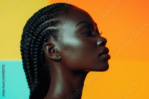 Profile portrait of black woman with braided hair, vibrant colorful backdrop