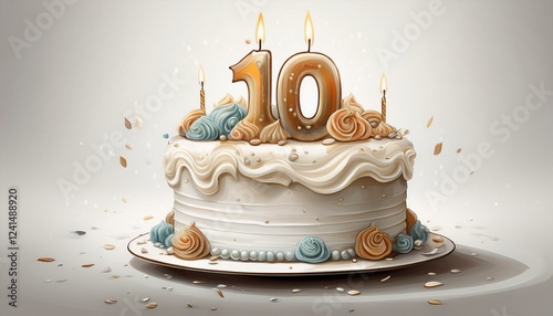 Illustration of decorated white cake for birthday or anniversary party. Number 10, tenth birthday celebration photo