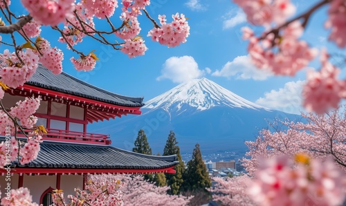 Cherry blossoms and Mount create a breathtaking landscape in springtime Japan