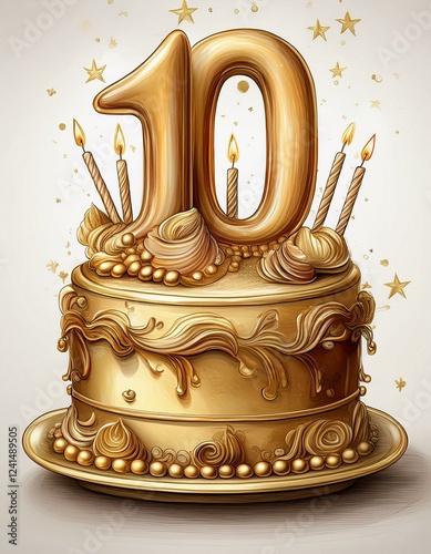 Illustration of decorated gold cake for birthday or anniversary party. Number 10, tenth birthday celebration