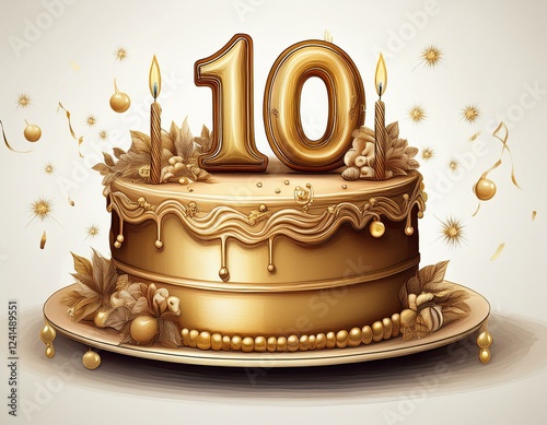 Illustration of decorated gold cake for birthday or anniversary party. Number 10, tenth birthday celebration photo