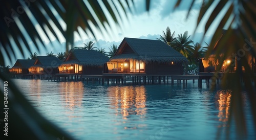 Charming waterfront huts illuminated at dusk in a tropical paradise