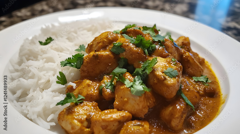 Indian chicken curry, rich and aromatic, cooked with a blend of spices like cumin, coriander, and garam masala, served with basmati rice. Indian chicken curry, rich and aromatic, cooked with a blend of spices like cumin, coriander, and garam masala, served with basmati rice.