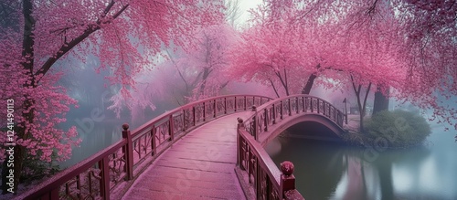 Serene cherry blossom bridge in a tranquil setting during the early morning h...