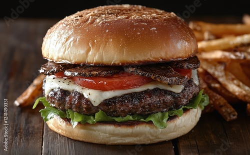 Delicious burger served with crispy fries on a wooden table in a casual dinin...