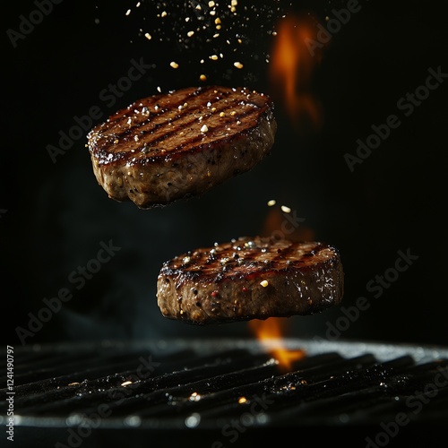 Grilling steaks with flames and spices at night for a delicious barbecue expe...