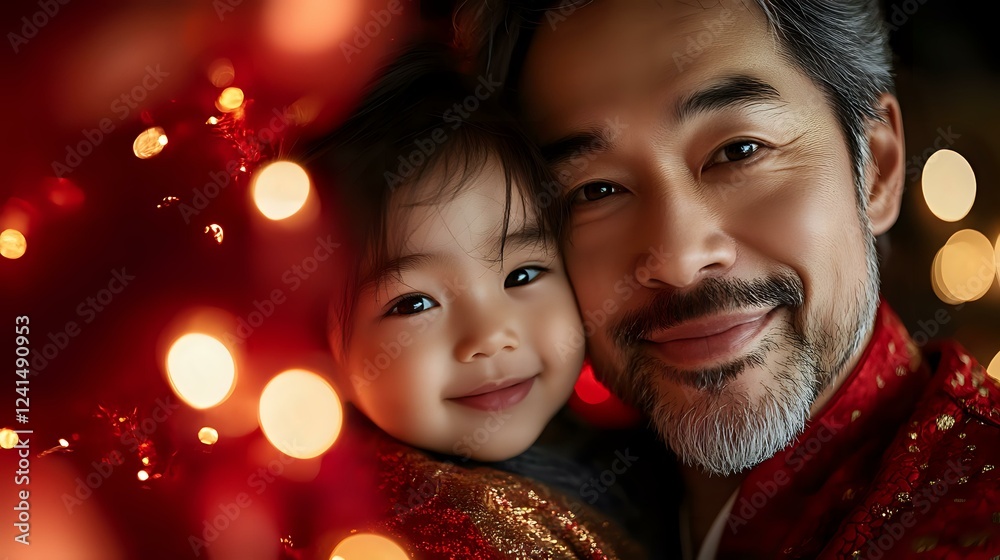 Asian father and daughter share tender moment during holiday season with warm red bokeh lights and festive decorations creating magical atmosphere. Asian father and daughter share tender moment during holiday season with warm red bokeh lights and festive decorations creating magical atmosphere.
