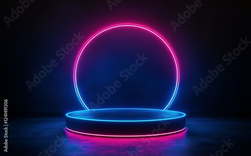 Bright neon circle stage with glowing blue and pink lights in a dark environm...