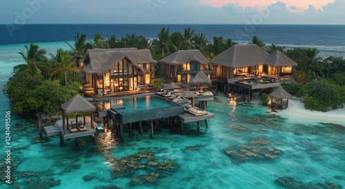 Luxury villas by the ocean at sunset with tropical surroundings and clear water
