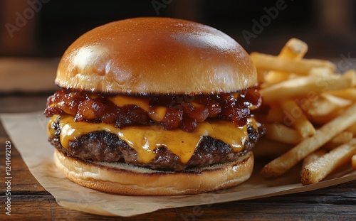 Delicious cheeseburger with crispy bacon and fries served on a wooden table