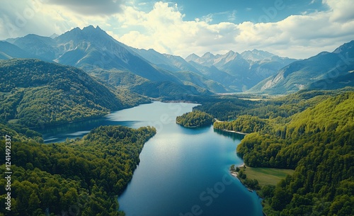 Majestic lake and mountains view showcasing vibrant greenery and serene water...