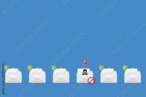 Email envelope with black document and skull icon. Virus, malware, email fraud, e-mail spam, phishing scam, hacker attack concept. Vector illustration	