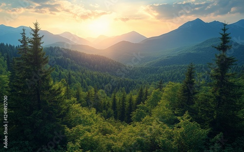 Serene sunset over lush green mountains in the early evening