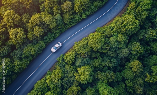 Car driving on winding road through lush green forest during daylight