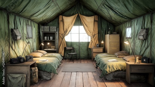 Military tent interior, daytime, desert setting, two beds, survival