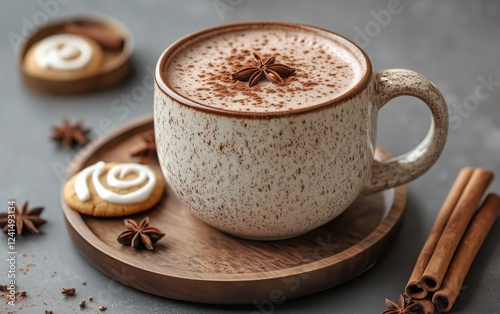 Warm cup of spiced cocoa with cinnamon and cookies on a wooden plate at cozy ...