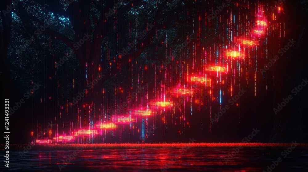 Digital Rain Falling Through Dark Forest at Night Neon Lights Abstract Background Digital Rain Falling Through Dark Forest at Night Neon Lights Abstract Background