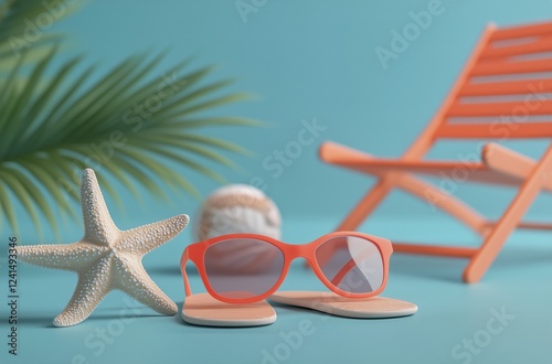 Relaxing beach setup with sunglasses, starfish, and beach chair on a sunny day