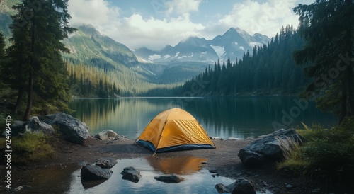 Relaxing camping trip by a tranquil lake surrounded by majestic mountains in ...