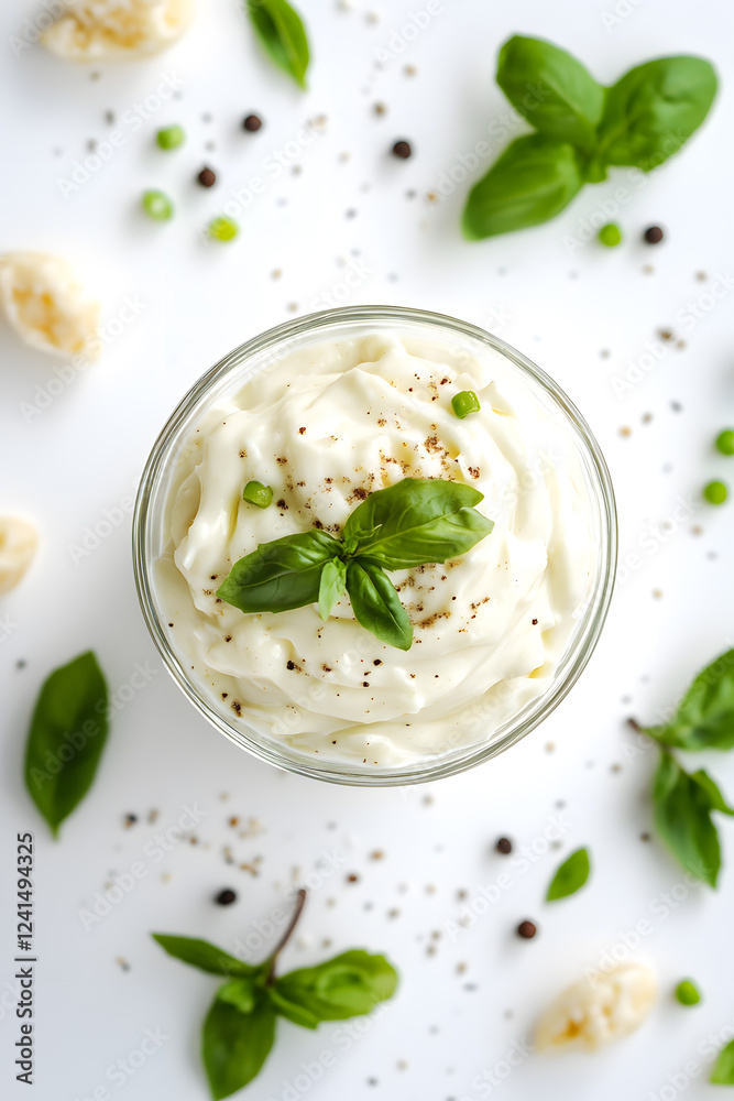 Top view mayonnaise sauce with in ceramic dip bowl and for ingredients cooking on the table on table, top view Top view mayonnaise sauce with in ceramic dip bowl and for ingredients cooking on the table on table, top view