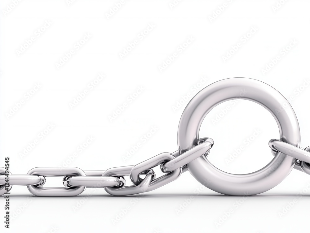 Obraz premium Close-up of a silver chain link with a round connector, symbolizing strength and connectivity in technology.