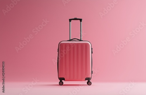 Stylish pink suitcase ready for travel against a vibrant pink background