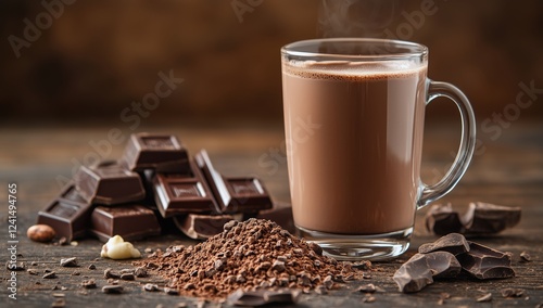 Rich chocolate drink served in glass with chocolate pieces beside on wooden s...