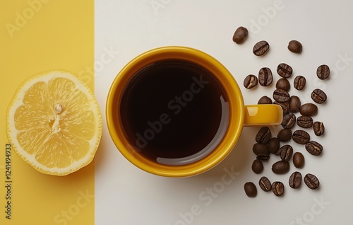 Coffee in a yellow cup with coffee beans and lemon on a divided yellow and white background photo