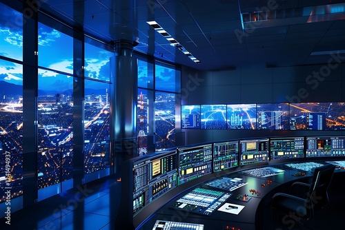 A futuristic control room overlooks a vibrant city at night. Numerous monitors display data  suggesting advanced technology for city management and security operations.