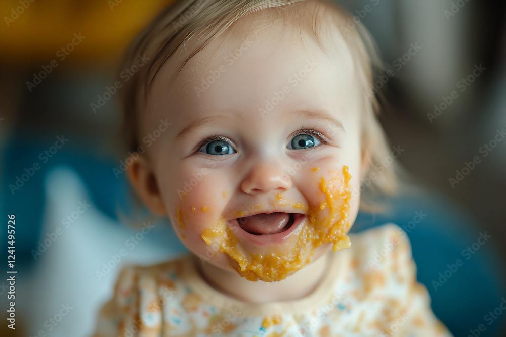 Generative AI image of a cute baby eating food in a highchair with a messy and funny expression Generative AI image of a cute baby eating food in a highchair with a messy and funny expression