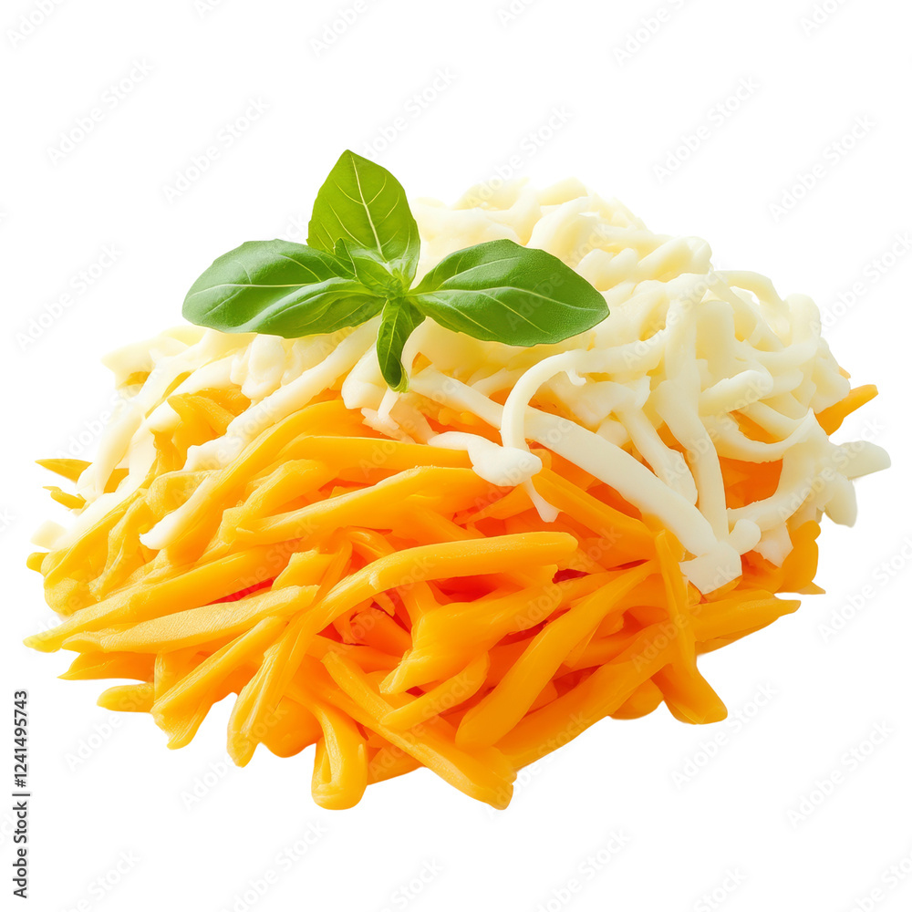 Fototapeta premium A vibrant mix of shredded cheeses garnished with a fresh basil leaf, showcasing a blend of textures and colors.