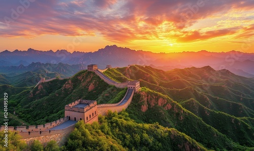 Sunrise over the Great Wall of China with mountains in the background