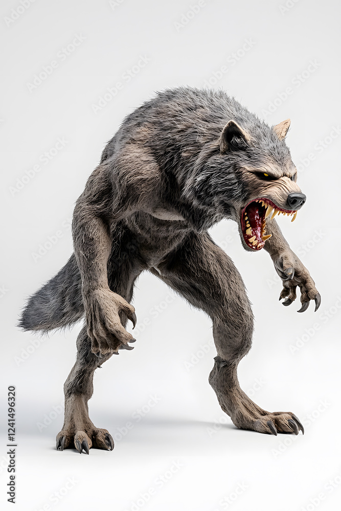 Fototapeta premium Realistic scary werewolf with wild appearance isolated on a white background. Ferocious werewolf snarling with menacing stance