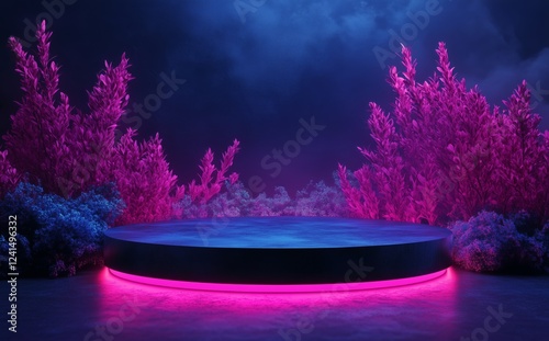 Brightly lit stage surrounded by colorful foliage in vibrant blue and pink am...