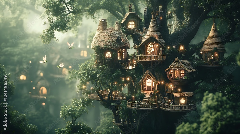 Fototapeta premium Enchanting Treehouse Village with Glowing Lights and Flying Creatures