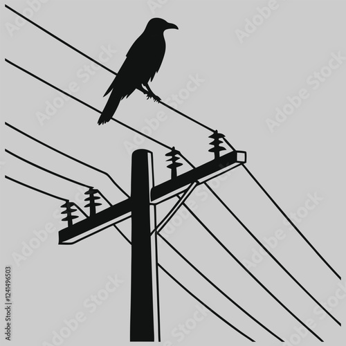 a bird sitting on a telephone pole silhouette vector design art and illustration