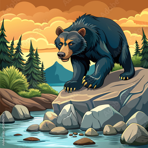 Black Bear: Lumbering along a forest stream, its massive paws turn over rocks in search of crayfish or fish.