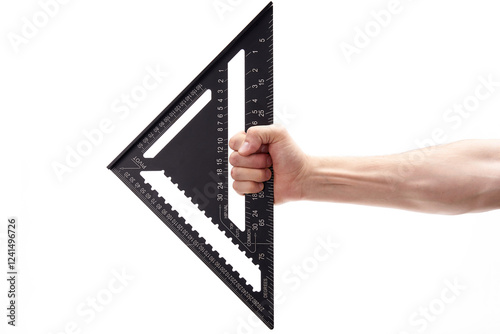 A carpenter's black square in his hand on a white background