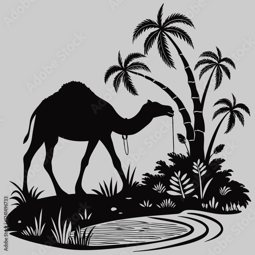 a camel drinking from an oasis silhouette vector design art and illustration