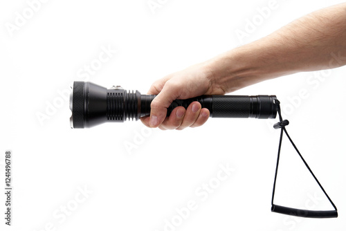 black flashlight in hand on a white background