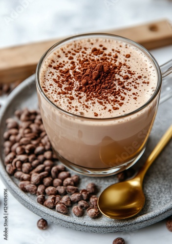 Delicious hot chocolate topped with cocoa and surrounded by coffee beans on a...